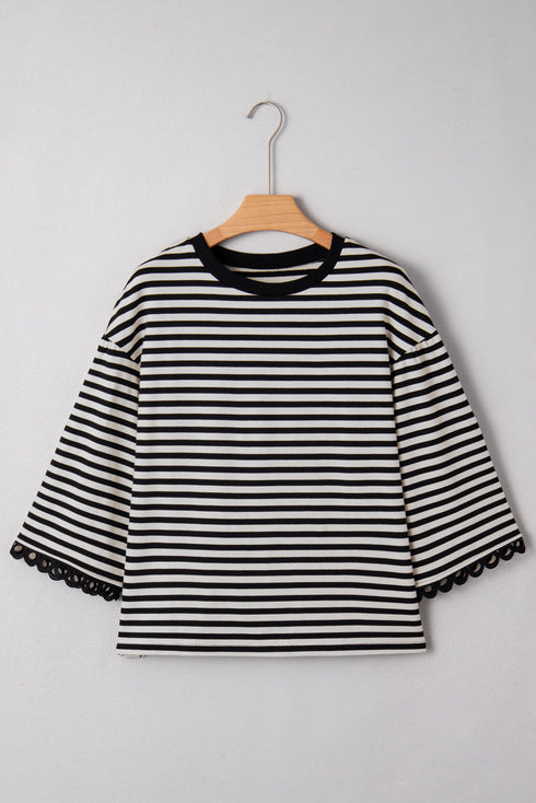 Striped Drop Shoulder Lace Trim Bracelet Sleeve Loose Top